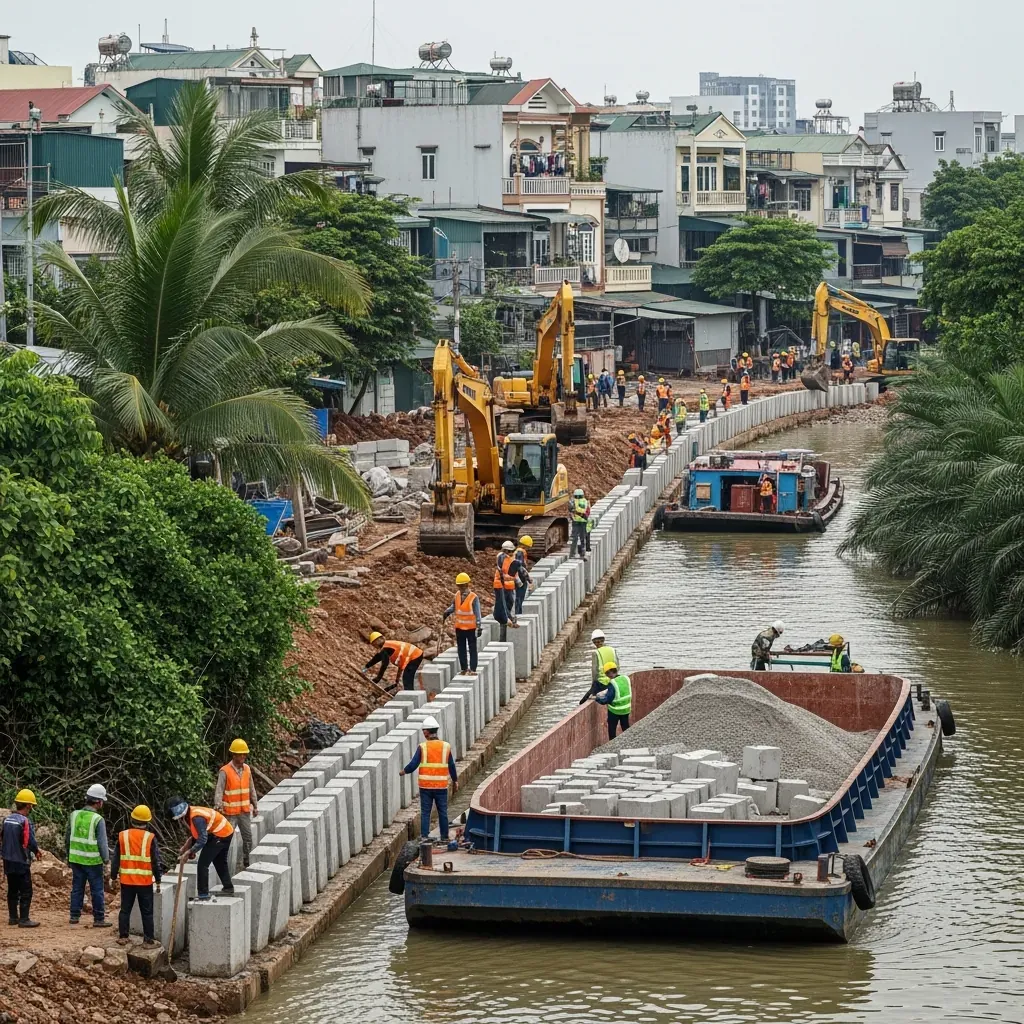 Công trường xây dựng kè bờ Bắc kênh Đôi tại Quận 8 với máy móc và công nhân Việt Nam.