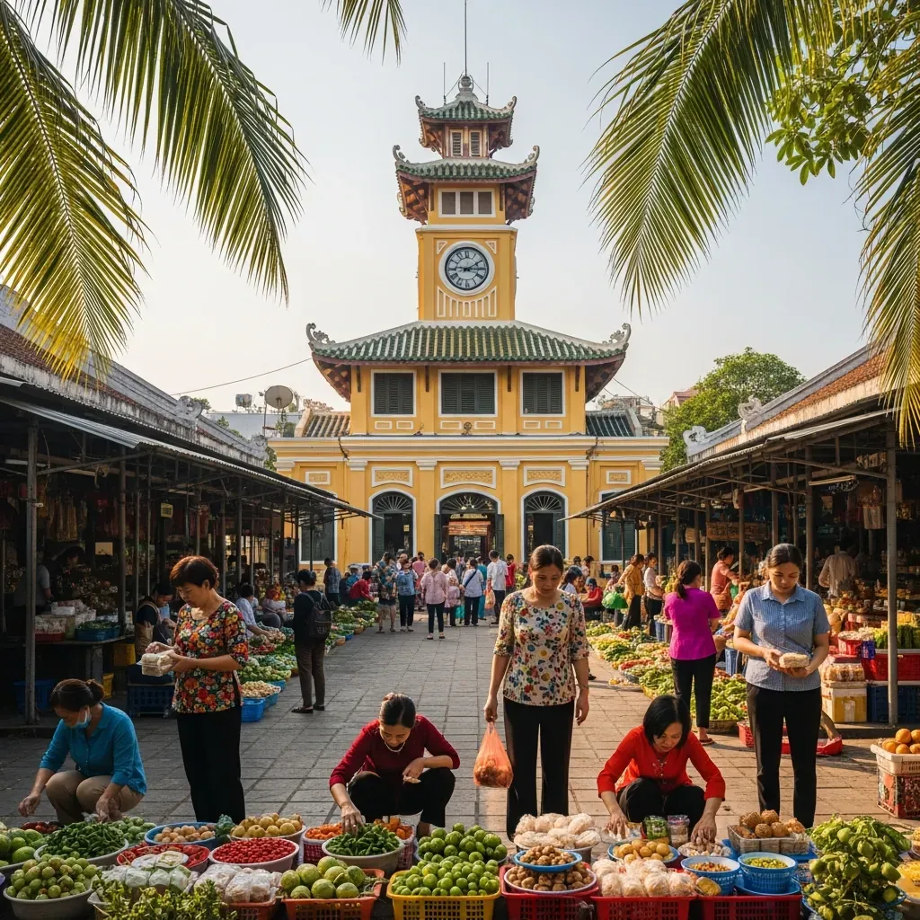 Khu vực cổng chợ Bình Tây nhộn nhịp người mua sắm trong ánh nắng sáng.