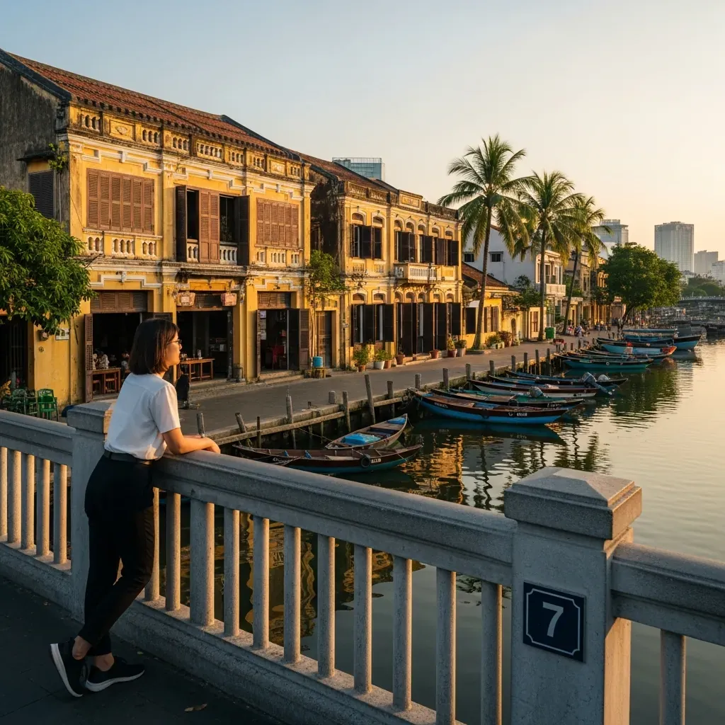 Khung cảnh hoàng hôn từ cầu đi bộ số 7 nhìn ra dãy nhà cổ và kênh Tàu Hủ.