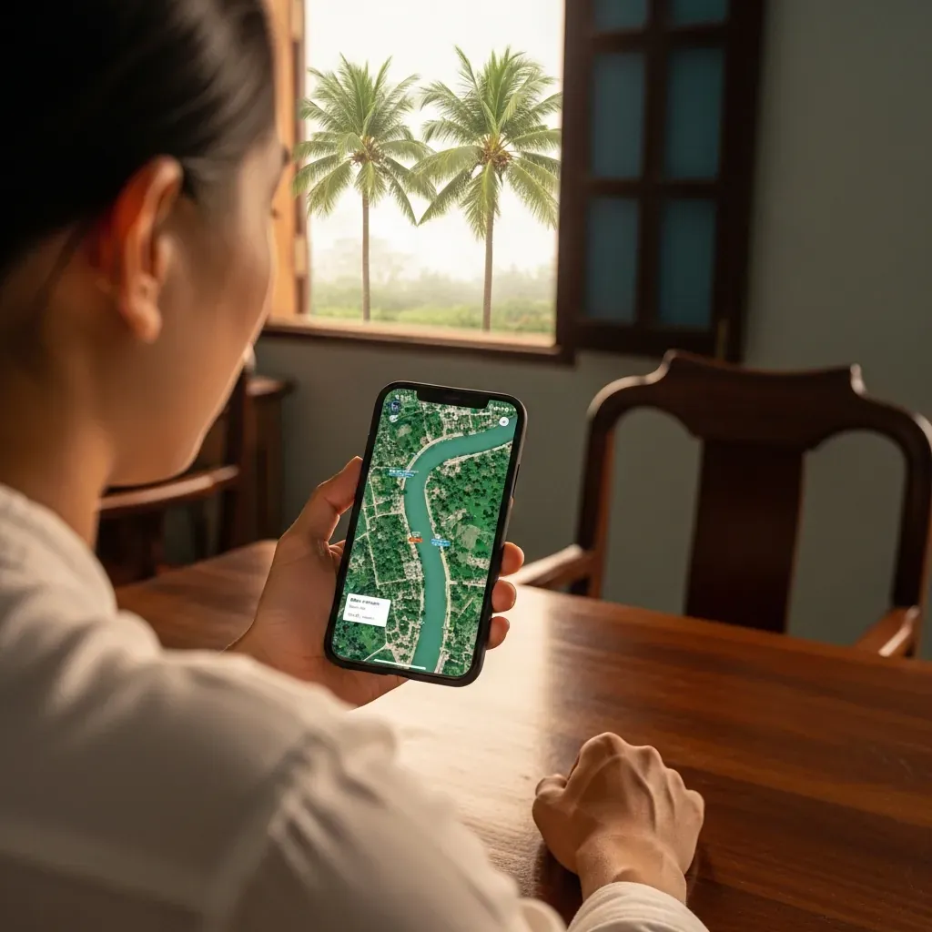 Người trẻ Việt Nam đang kiểm tra bản đồ vệ tinh trên điện thoại trước chuyến tham quan Bến Bình Đông.