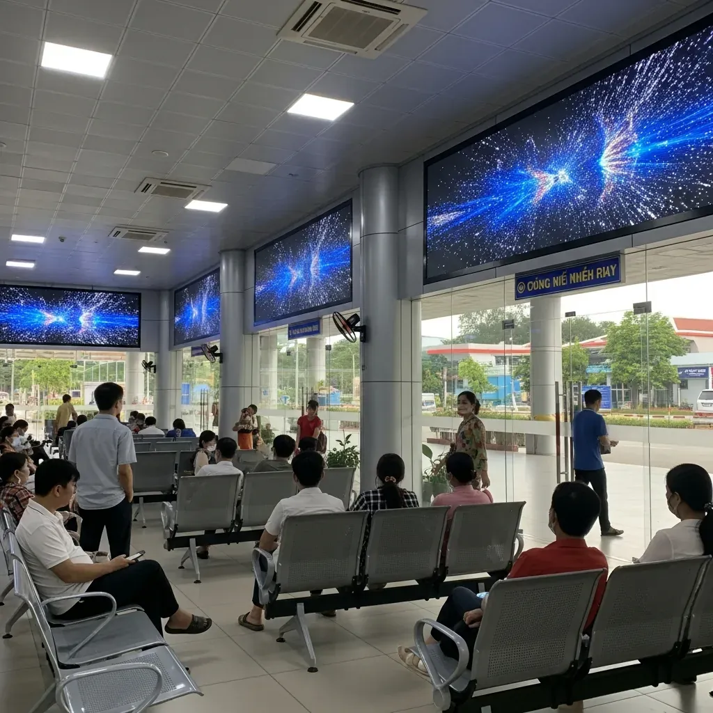 Bên trong phòng chờ bến xe An Sương với hành khách và bảng thông tin.