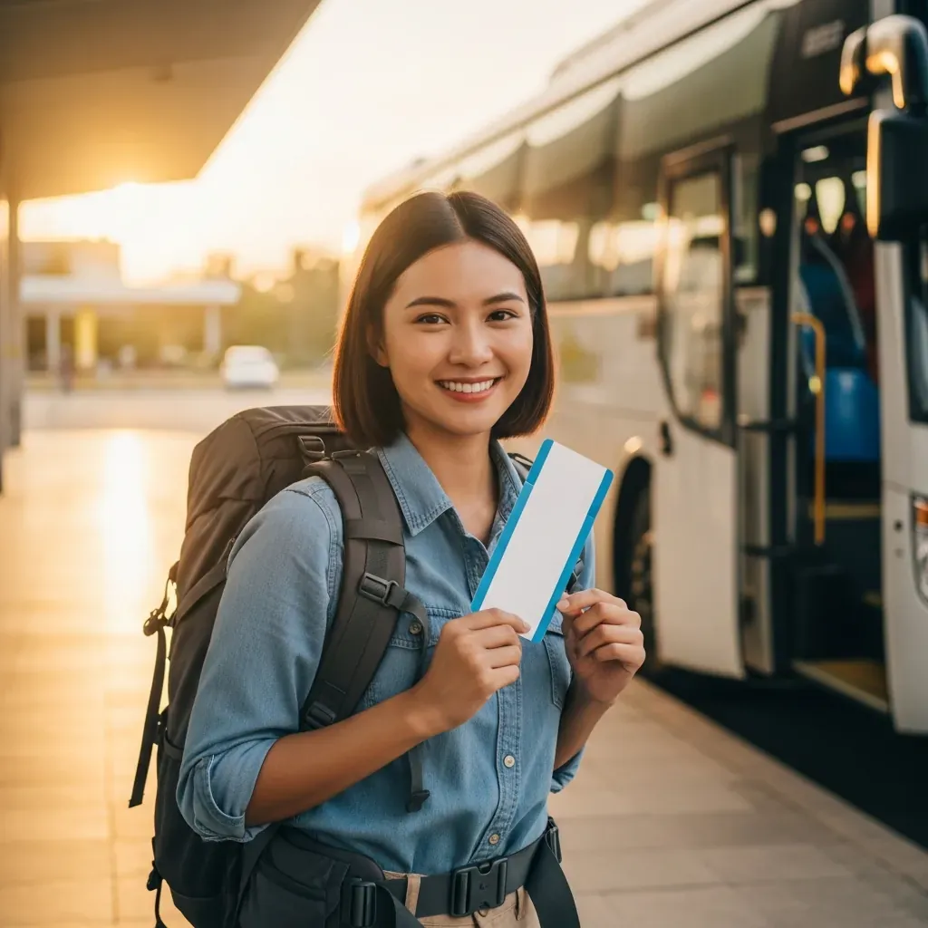 Hành khách nữ Việt Nam sẵn sàng lên xe tại bến An Sương.