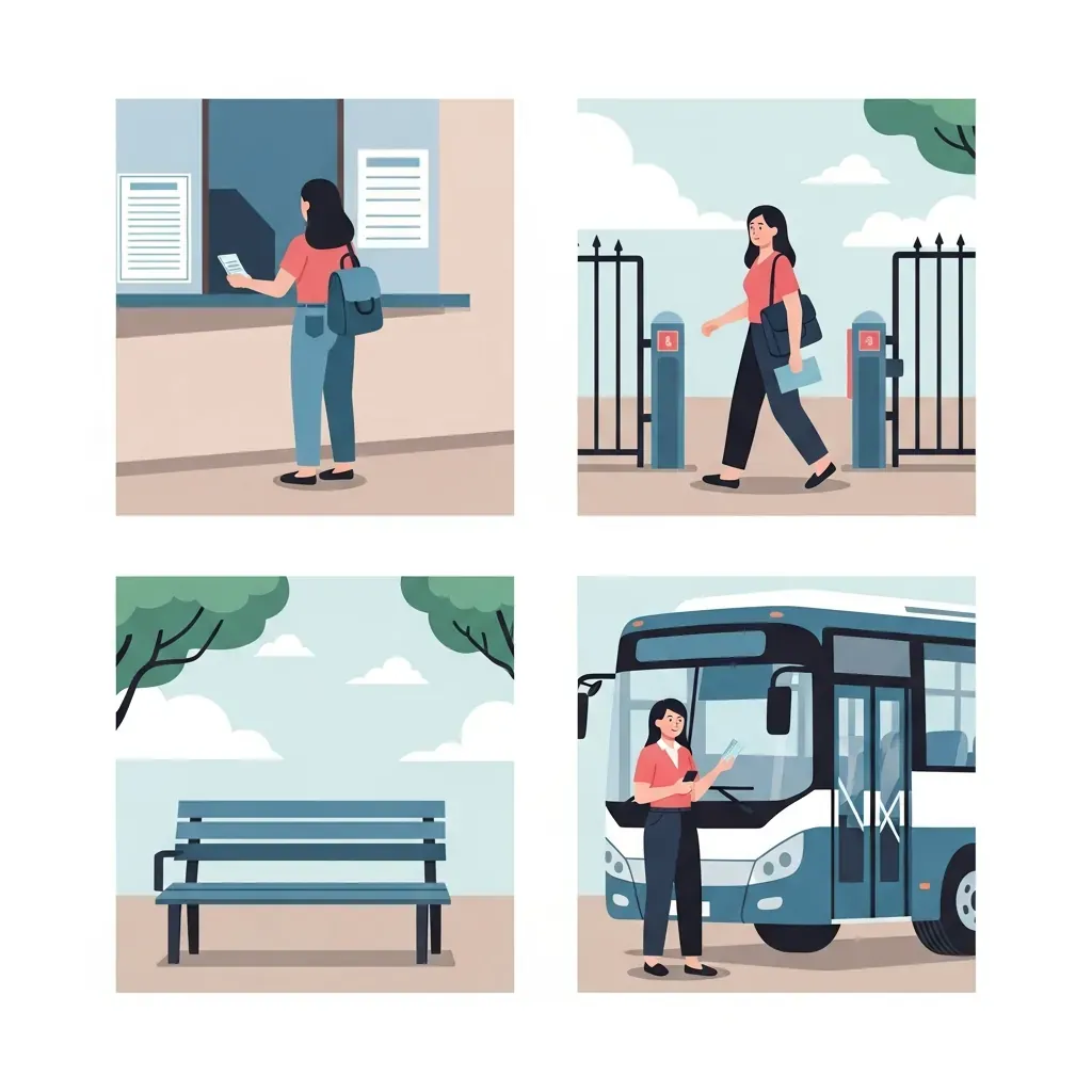 Minh họa các bước mua vé và lên xe tại bến xe An Sương.