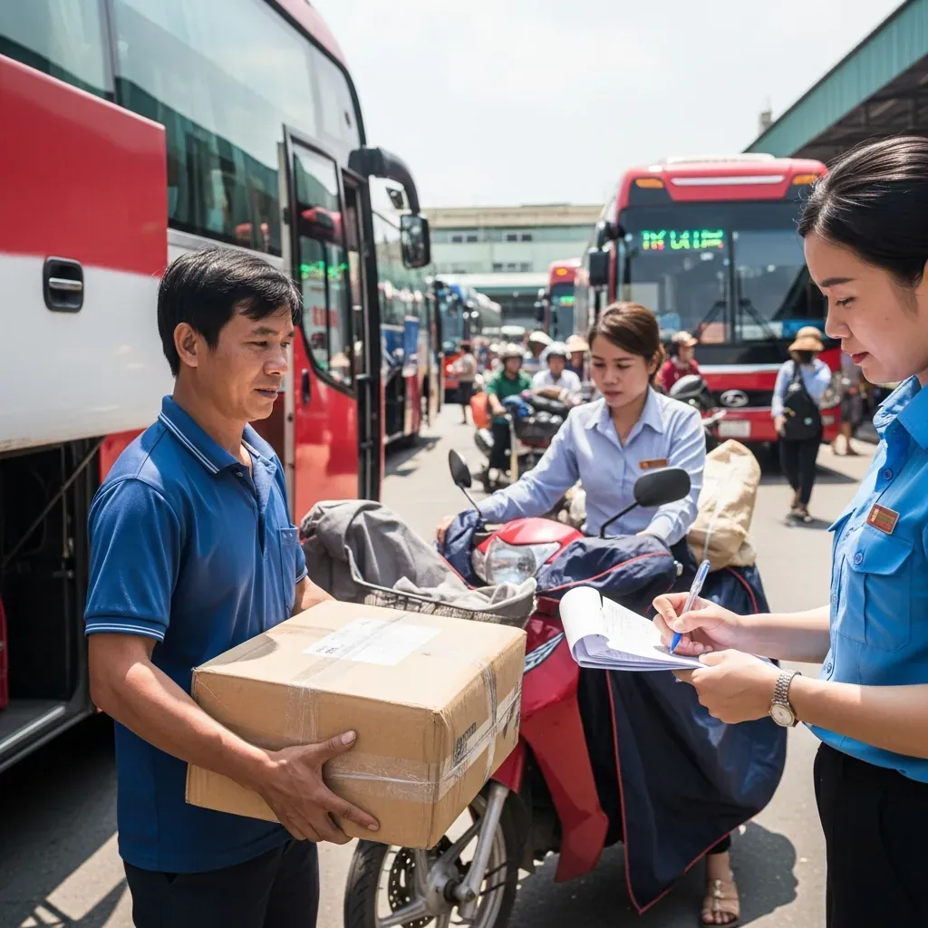 Người đàn ông Việt Nam gửi hàng và xe máy qua nhà xe khách.