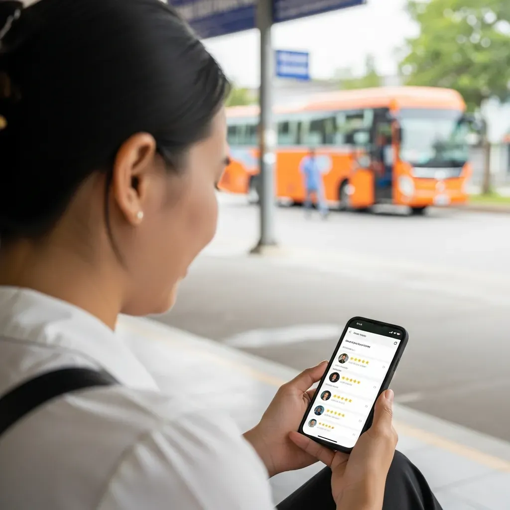 Người phụ nữ Việt Nam kiểm tra đánh giá nhà xe trên điện thoại.