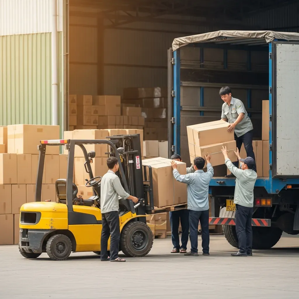 Nhân viên vận tải Việt Nam bốc xếp hàng hóa lên xe tải.