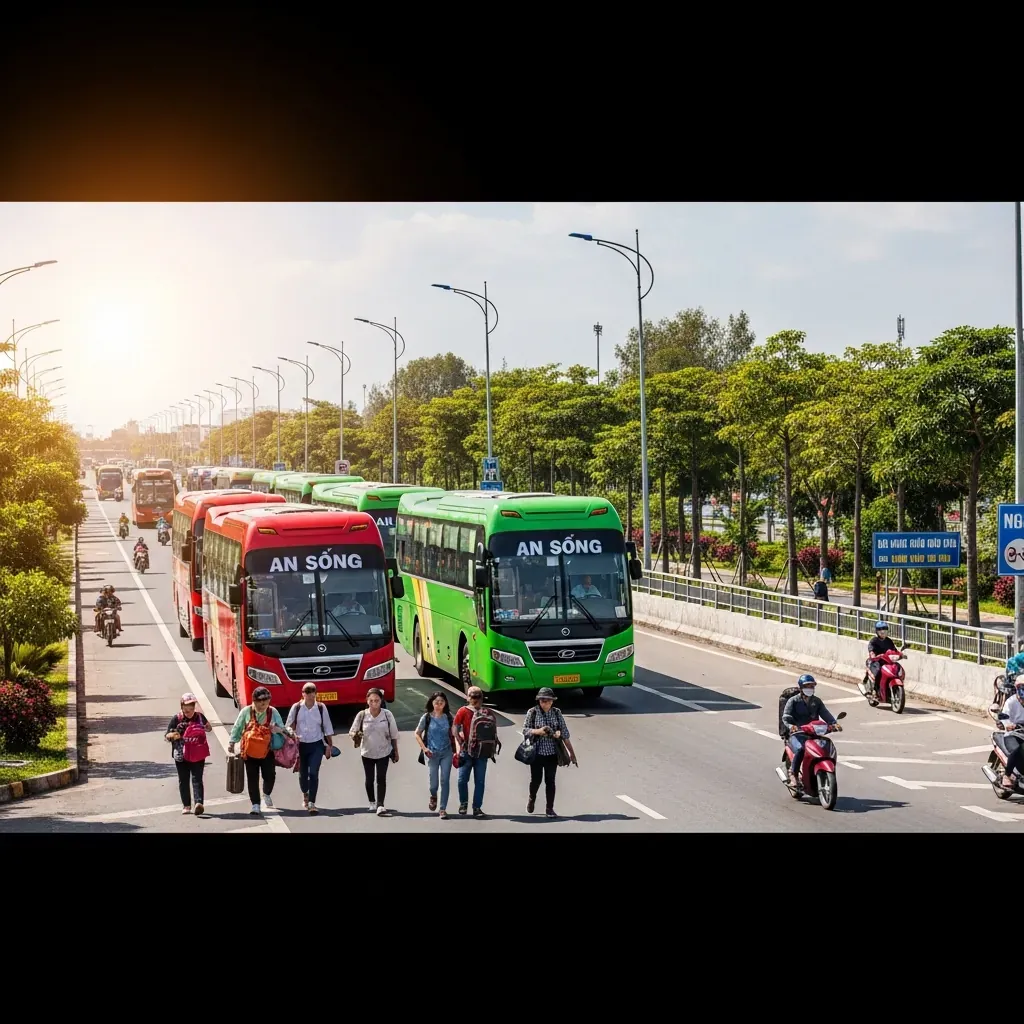 Toàn cảnh bến xe An Sương nhộn nhịp xe khách và người dân Việt Nam.