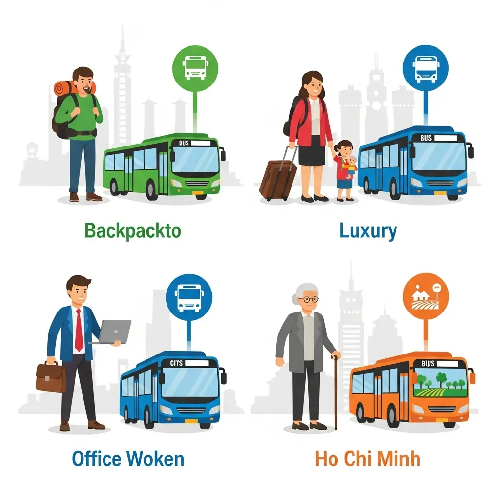 Bốn nhóm hành khách tiêu biểu đứng cạnh loại xe buýt phù hợp: ba lô nhỏ - xe 152, gia đình vali - xe 109, dân văn phòng - tuyến miễn phí, người cao tuổi - tuyến ngoại thành.
