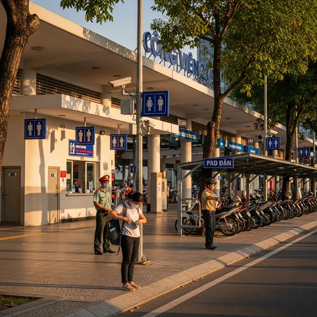 Cảnh bến xe buýt Sài Gòn với nhà vệ sinh sạch sẽ, bãi gửi xe máy, camera an ninh và hành khách cất điện thoại an toàn.