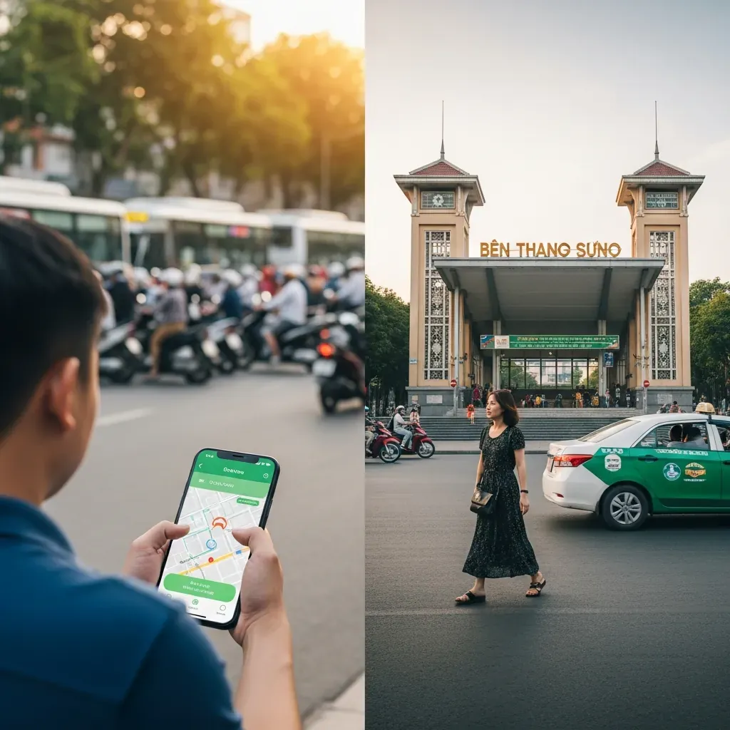 Hành khách lựa chọn phương án dự phòng: một người gọi xe công nghệ, người kia đi bộ về phía ga Metro Bến Thành.