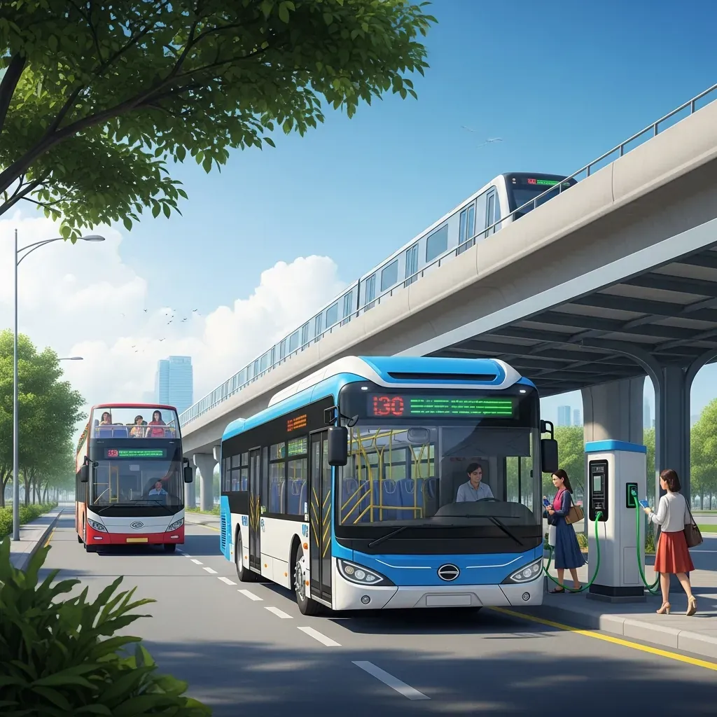 Hình ảnh tương lai giao thông công cộng TP.HCM với xe buýt điện, buýt hai tầng và tàu Metro hoạt động nhộn nhịp.