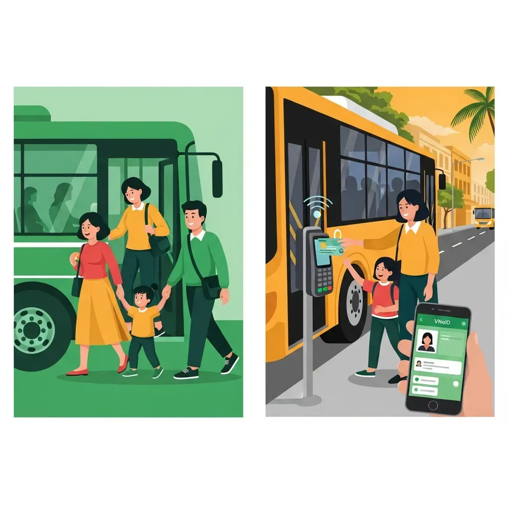 Hình minh họa hai giai đoạn miễn phí vé: bên trái hành khách lên xe không cần giấy tờ, bên phải hành khách quẹt thẻ CCCD và kiểm tra ứng dụng.
