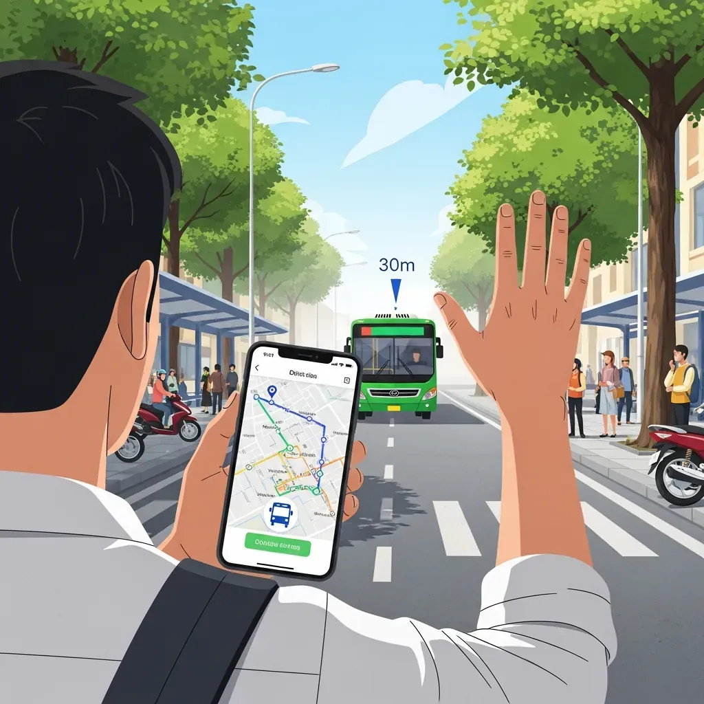 Nam thanh niên Việt đang vẫy tay gọi xe buýt tại trạm, tay còn lại cầm điện thoại hiển thị ứng dụng BusMap.