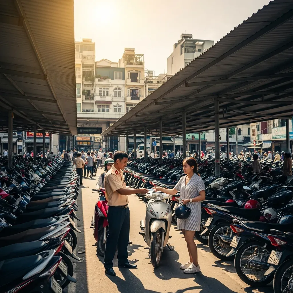 Bãi giữ xe máy tư nhân gần bến xe Chợ Lớn với nhiều xe và nhân viên trông giữ