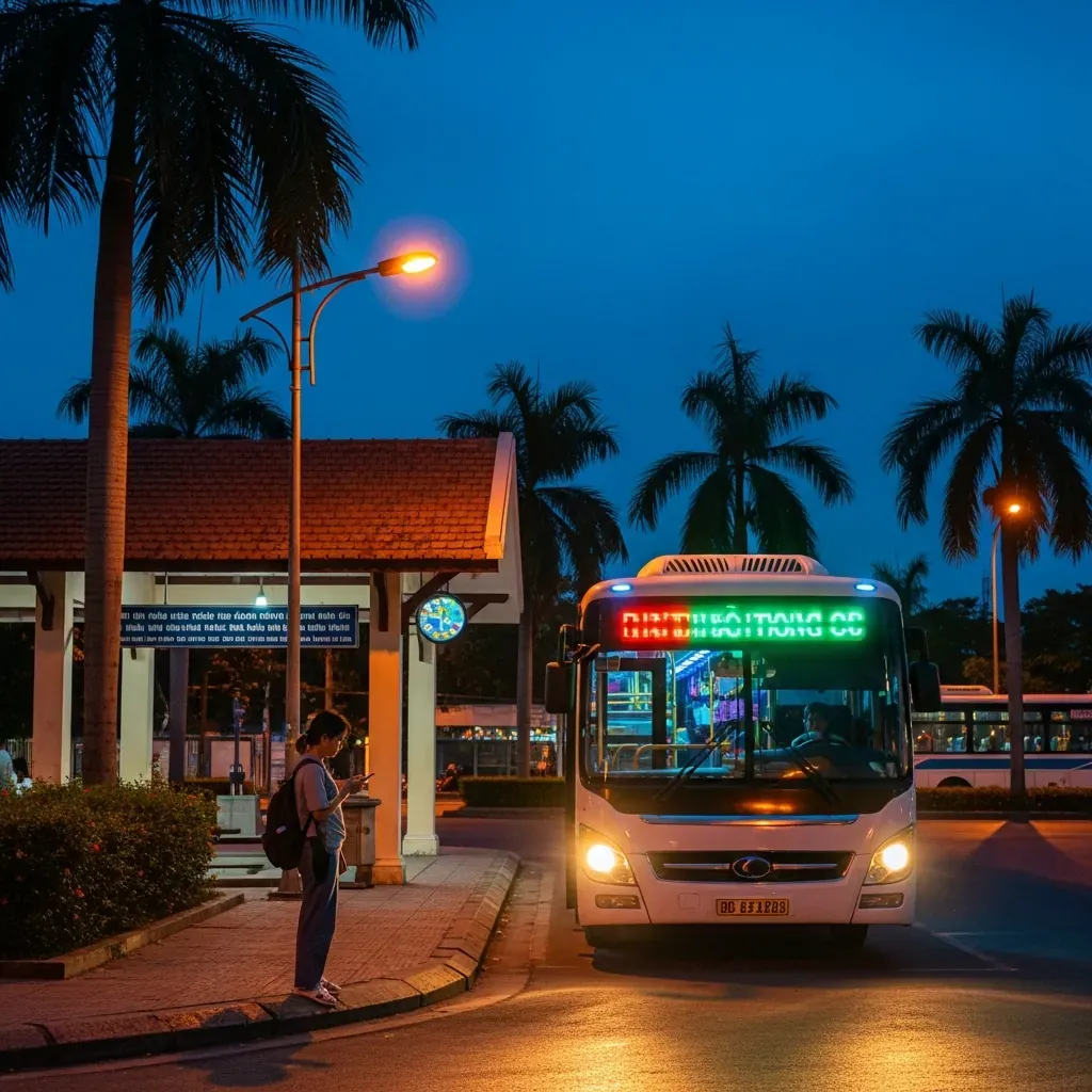 Bến xe Chợ Lớn buổi tối với xe buýt đang đón khách