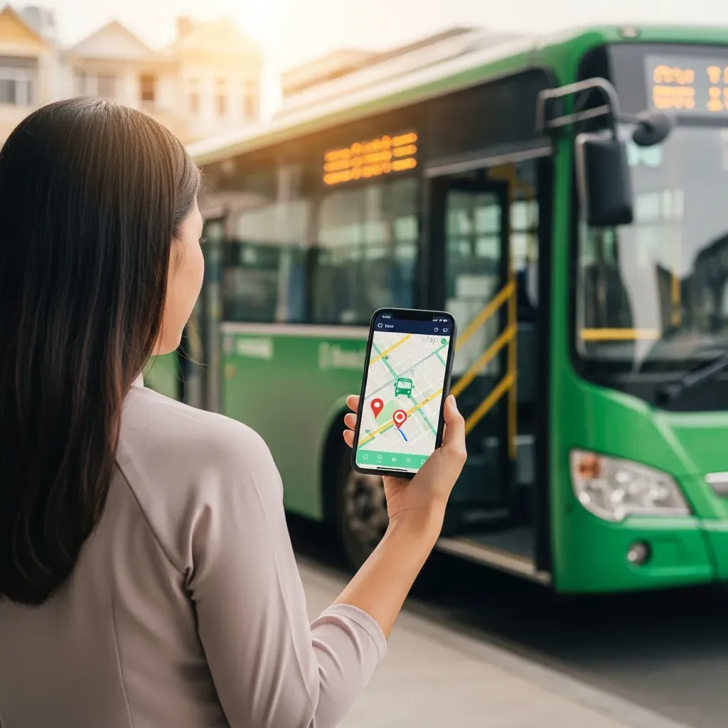 Cô gái Việt Nam đang tra cứu ứng dụng bản đồ xe buýt tại bến xe