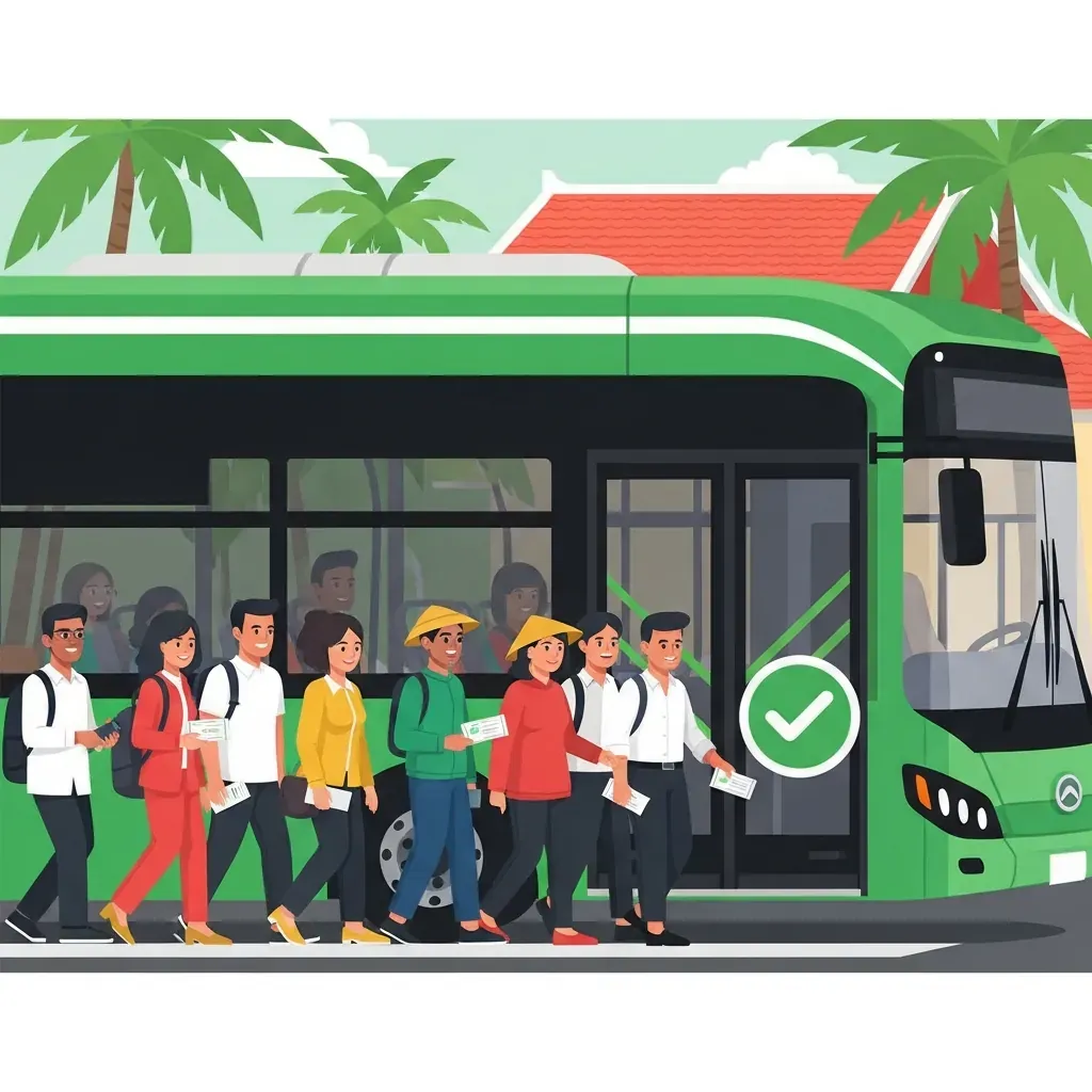 Hình ảnh minh họa xe buýt miễn phí với hành khách vui vẻ lên xe
