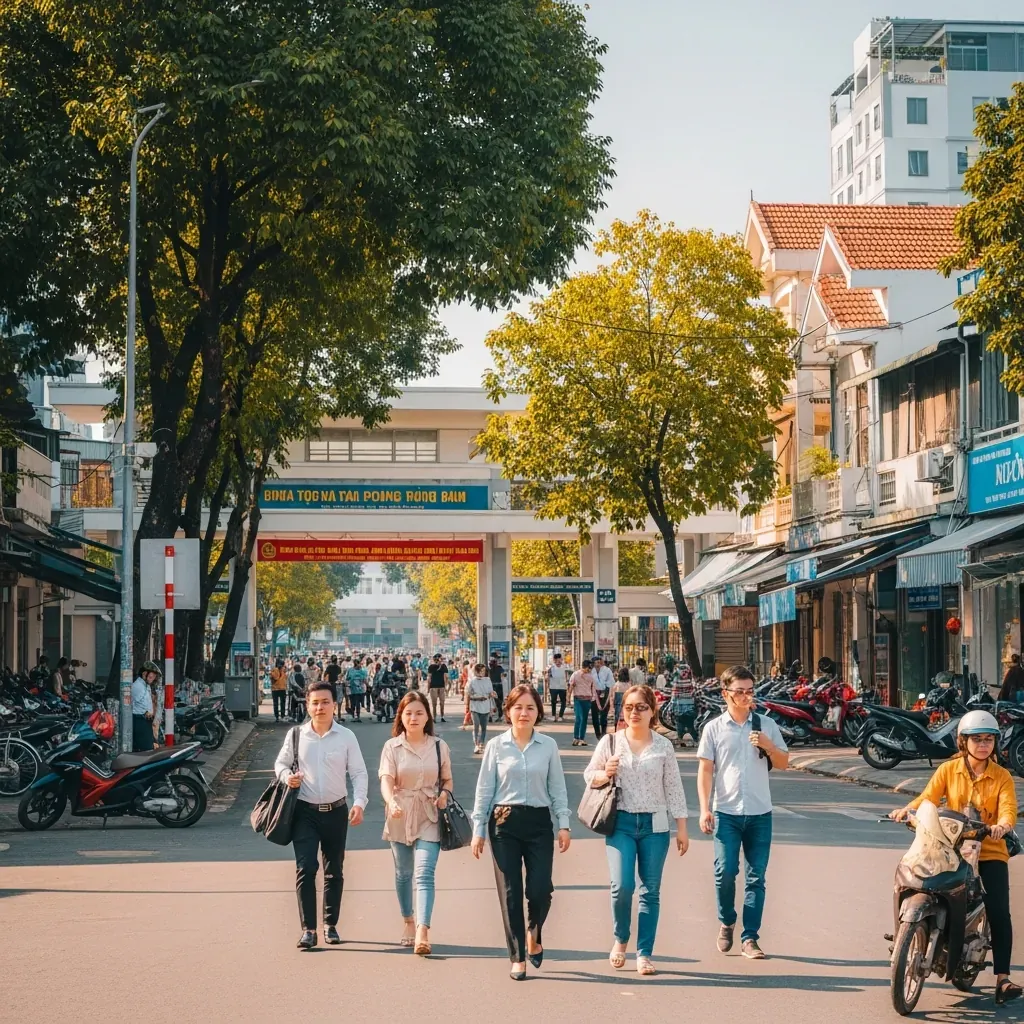 Khung cảnh nhộn nhịp trước cổng bến xe Chợ Lớn với người dân và xe máy