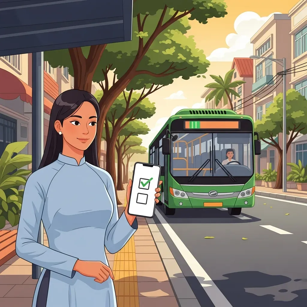 Minh họa cô gái sẵn sàng đi xe buýt với điện thoại kiểm tra danh sách công việc