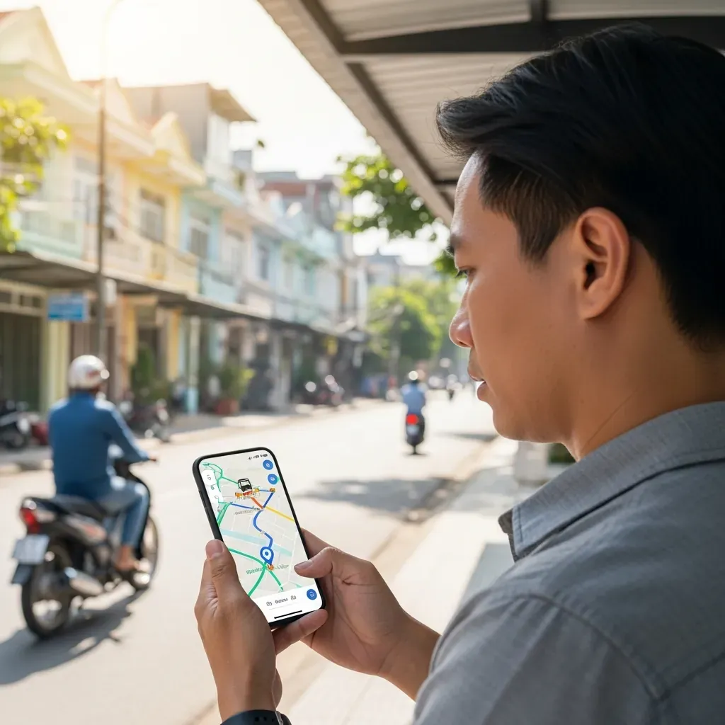 Người đàn ông Việt Nam đứng chờ xe buýt, theo dõi vị trí xe trên điện thoại
