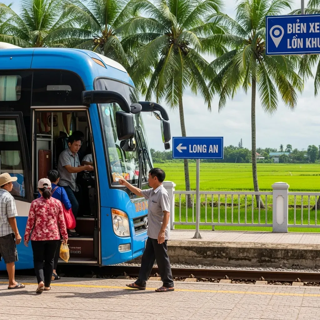 Xe buýt đi Long An tại khu B bến xe Chợ Lớn, hành khách lên xe