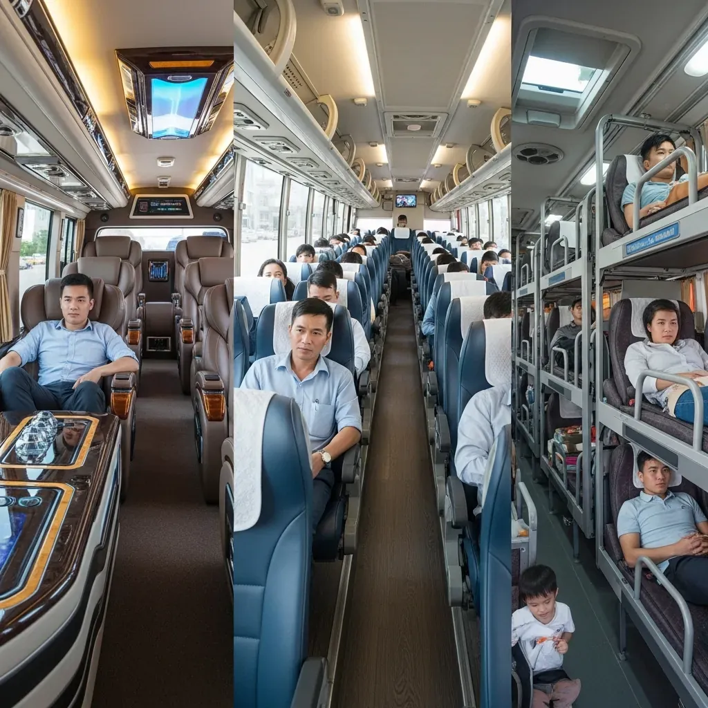 Ba loại ghế xe khách: limousine, ghế ngồi và giường nằm.