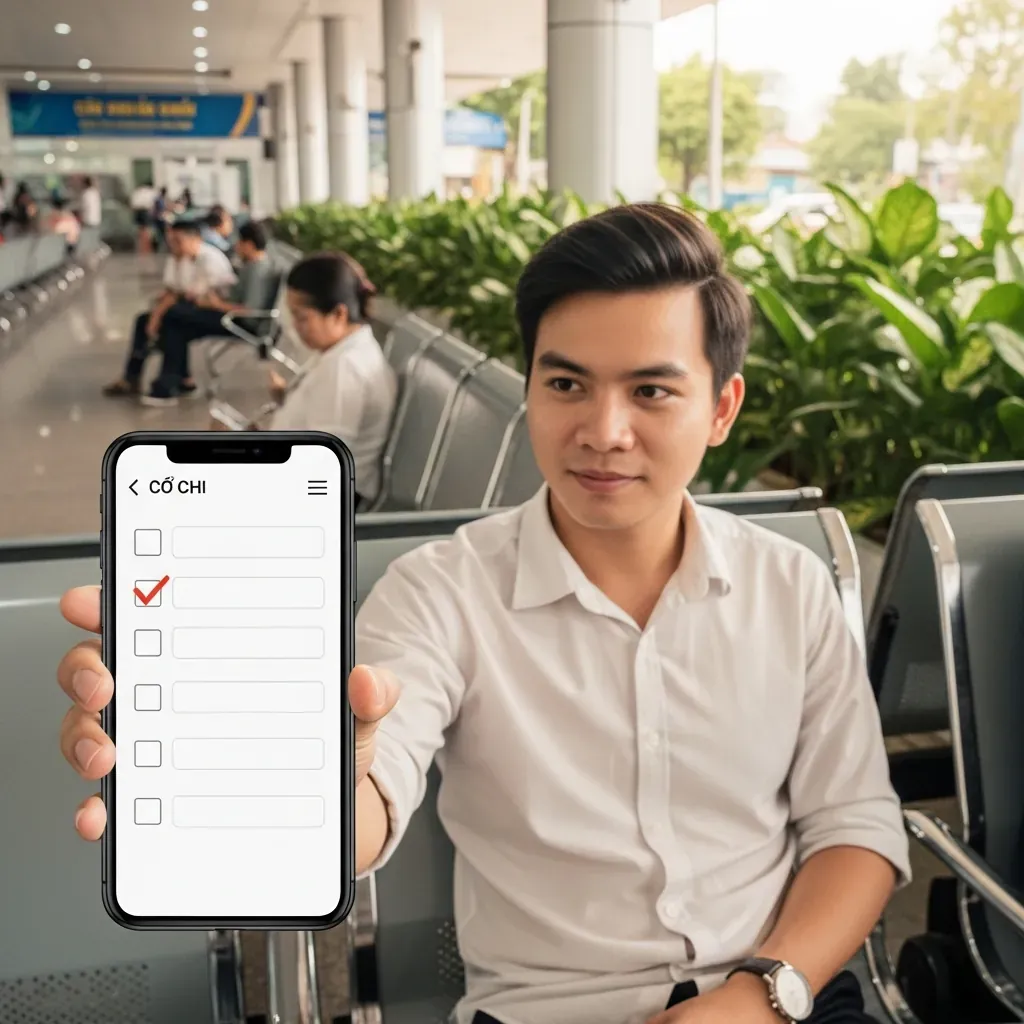 Hành khách Việt Nam kiểm tra danh sách cần làm trên điện thoại tại bến xe Củ Chi.