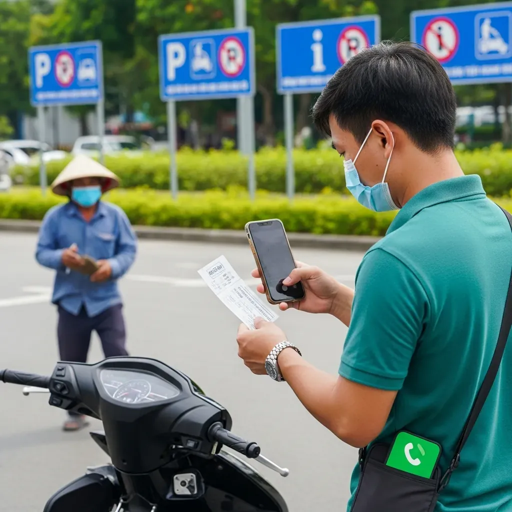 Nam hành khách chụp ảnh xe máy trước khi gửi tại bãi chính thức bến Củ Chi, bỏ qua cò mồi.