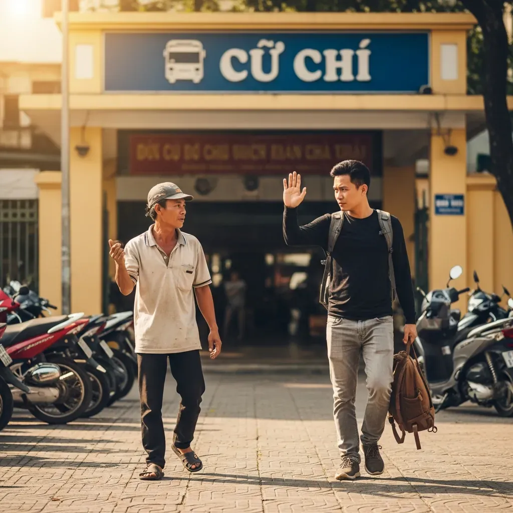 Người đàn ông Việt Nam kiên quyết từ chối cò mời chào ngoài bến xe Củ Chi.
