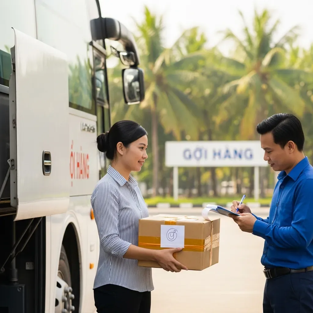 Người phụ nữ Việt gửi hàng hóa qua nhà xe tại bến Củ Chi.