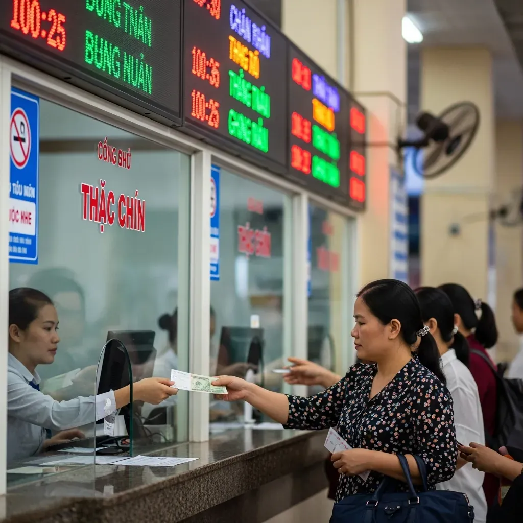 Nữ hành khách mua vé trực tiếp tại quầy vé bến xe Củ Chi.