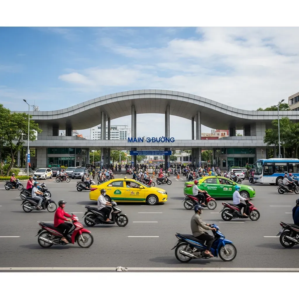 Cổng chính Bến xe Miền Tây với biển tên và địa chỉ 395 Kinh Dương Vương, phía trước đông đúc xe cộ và hành khách.
