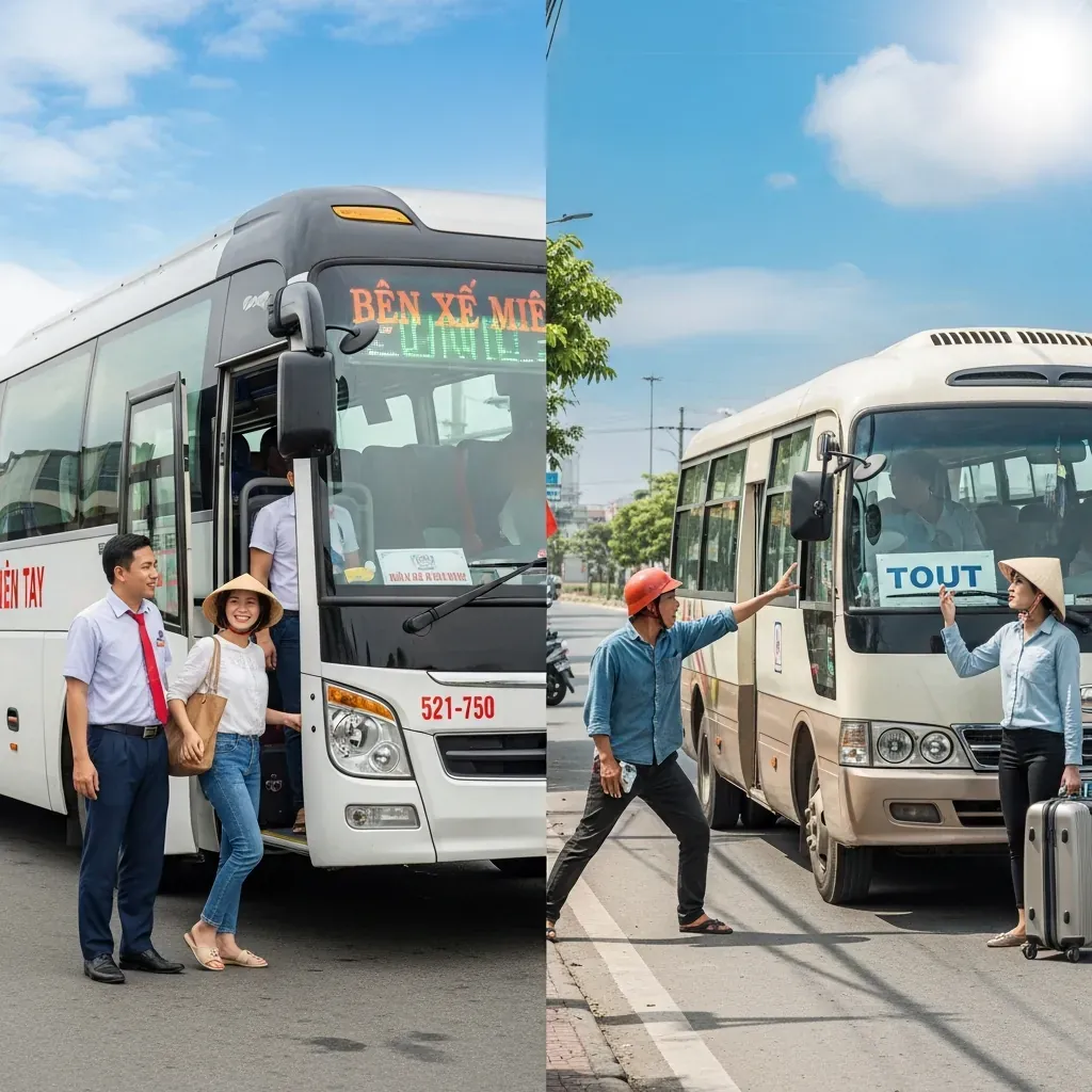 Hai cảnh đối lập: xe khách chính thức sạch sẽ, hiện đại và xe dù cũ kỹ, cò mồi chèo kéo.