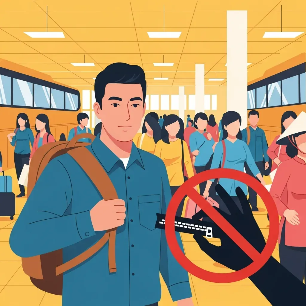 Minh họa cảnh báo móc túi: hành khách đeo balo trước ngực, bàn tay bị gạch chéo.