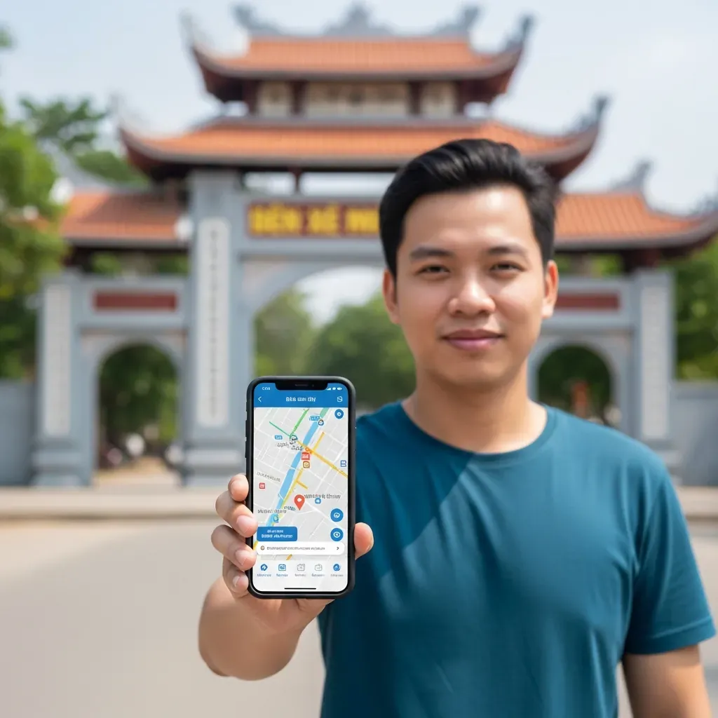 Người đàn ông Việt giơ điện thoại hiển thị bản đồ với địa chỉ bến, phía sau là cổng bến thực tế.