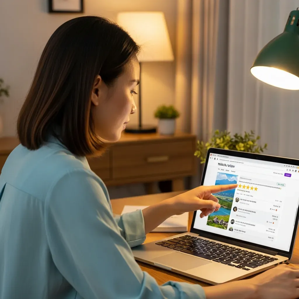 Người phụ nữ Việt đang xem đánh giá nhà xe trên laptop, chỉ vào đánh giá 3 sao.