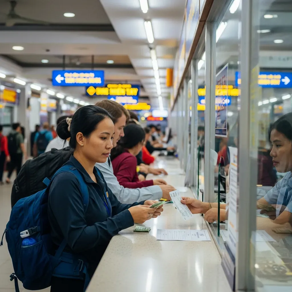 Nữ hành khách Việt đang mua vé tại quầy trong sảnh Bến xe Miền Tây.