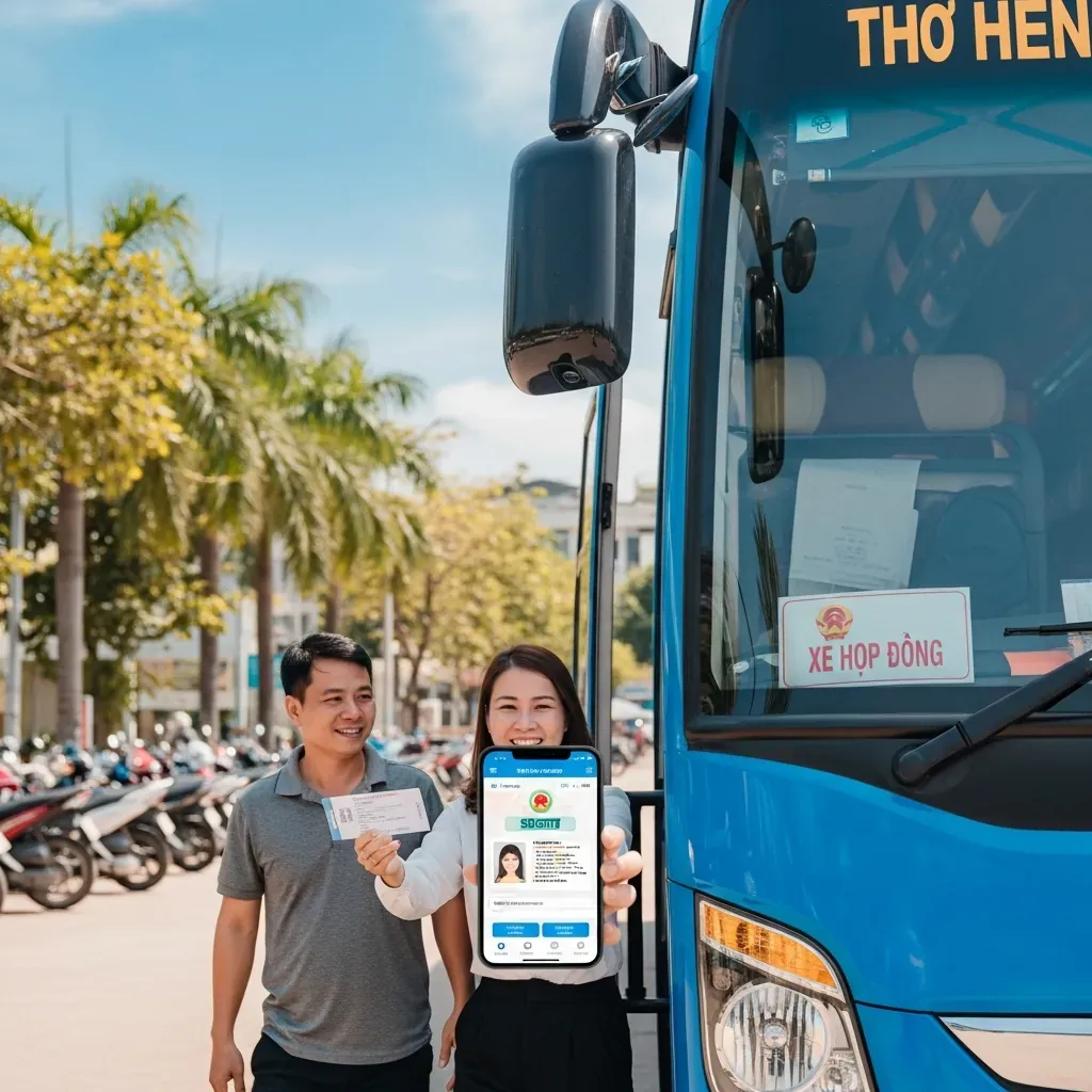 Cặp đôi người Việt lên xe giường nằm, kiểm tra phù hiệu và vé trước khi khởi hành.