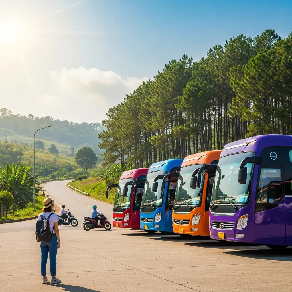 Hành khách đứng trước dãy năm xe khách nhiều màu sắc đại diện cho các nhà xe thay thế tại bến xe Thủ Đức.