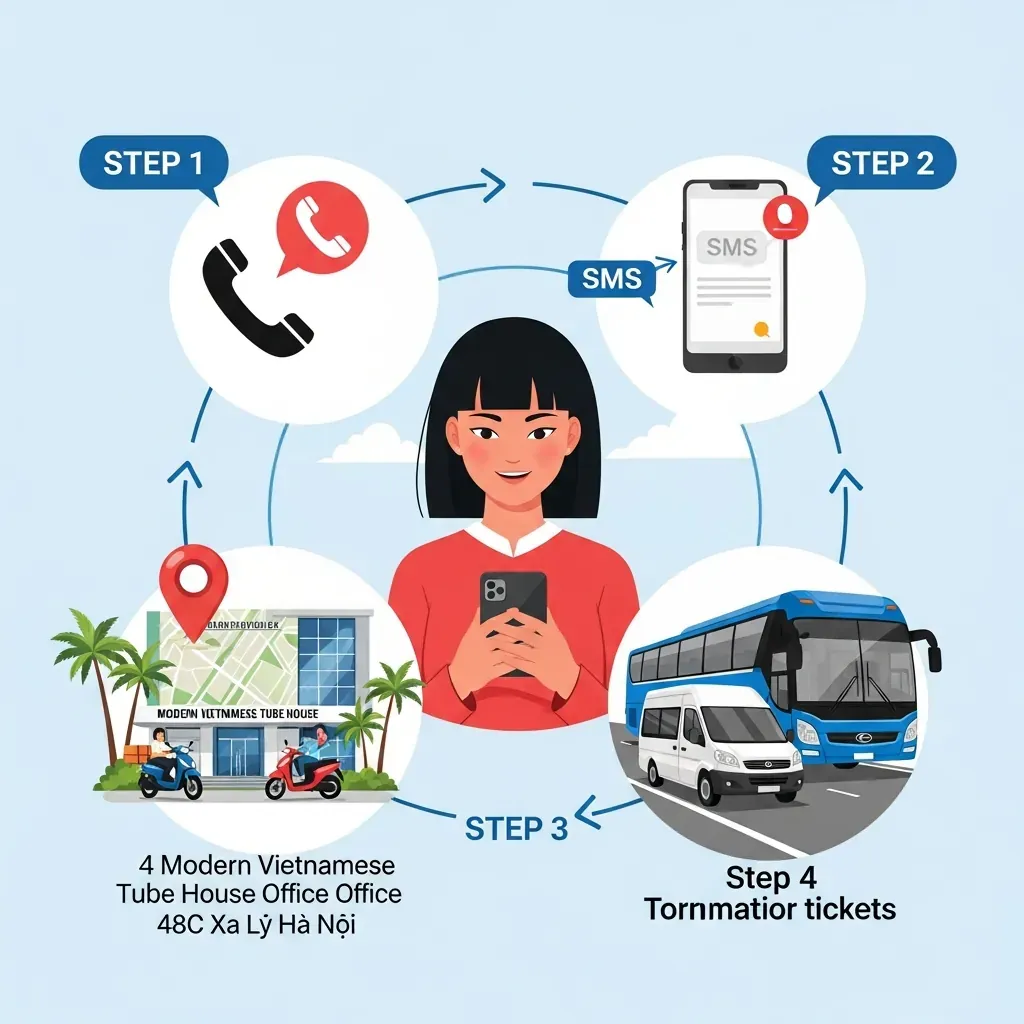Minh họa quy trình đặt vé Thành Bưởi Thủ Đức gồm gọi điện, nhận SMS, đến văn phòng và đi xe trung chuyển.