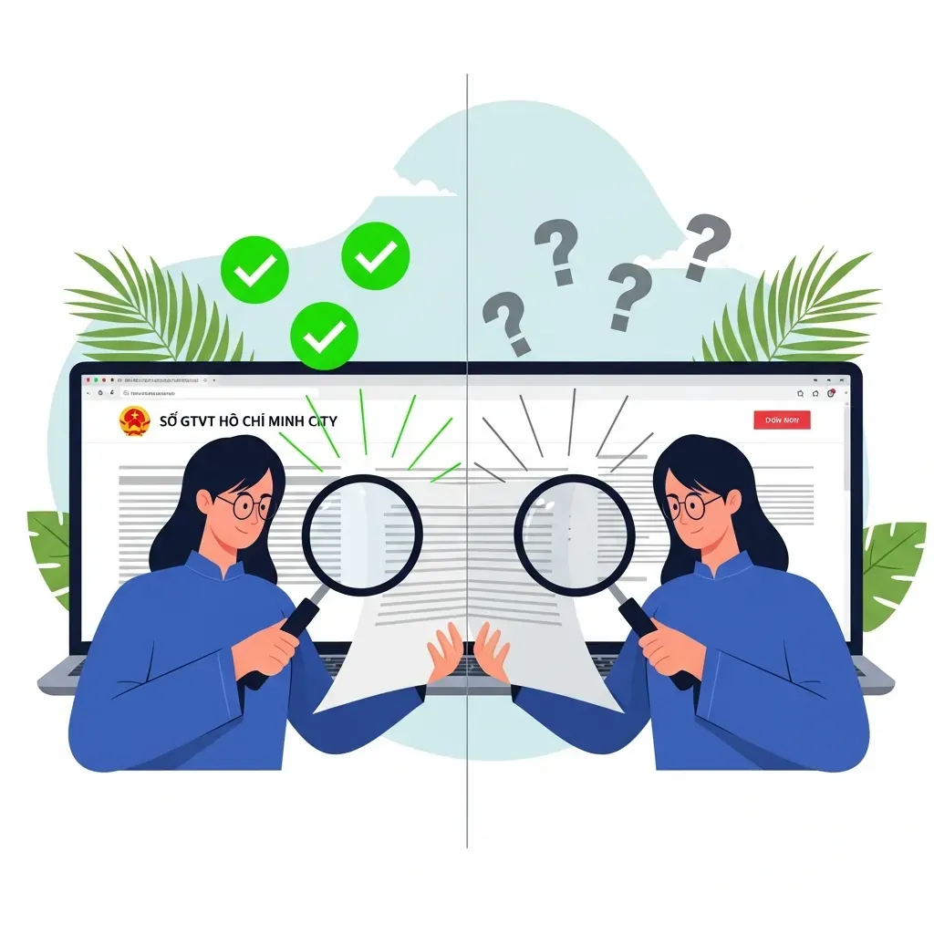 Một nửa bên trái là thông tin được xác minh với kính lúp và dấu tích xanh, nửa bên phải là các dấu hỏi thể hiện thông tin chưa rõ.