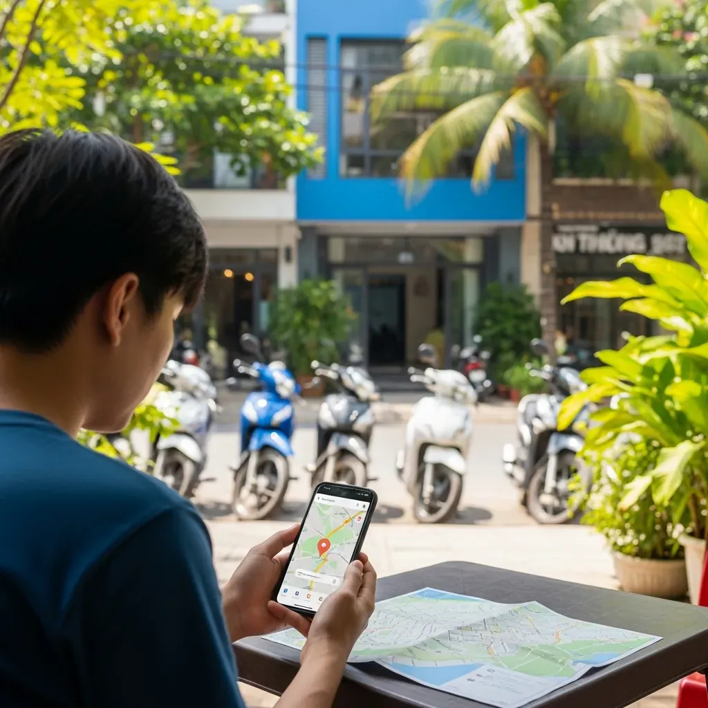Người Việt đang dùng điện thoại xem Google Maps tìm văn phòng Thành Bưởi 48C Xa Lộ Hà Nội.