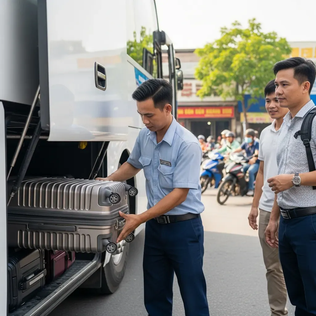 Tài xế xếp hành lý vào khoang chứa của xe khách, hành khách quan sát.