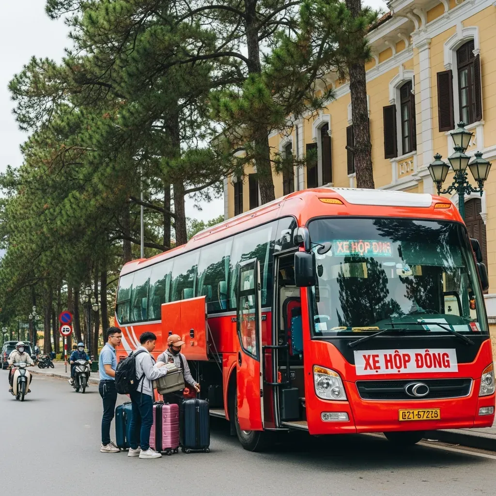 Xe khách trả khách tại trung tâm Đà Lạt, hành khách lấy hành lý.