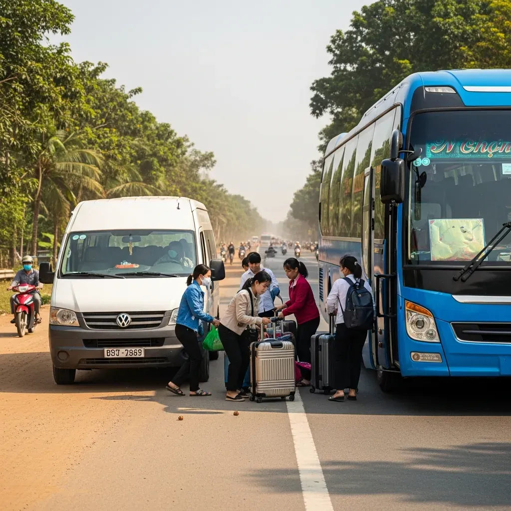 Xe trung chuyển nhỏ đưa khách ra bãi ngoại thành để lên xe giường nằm chính.
