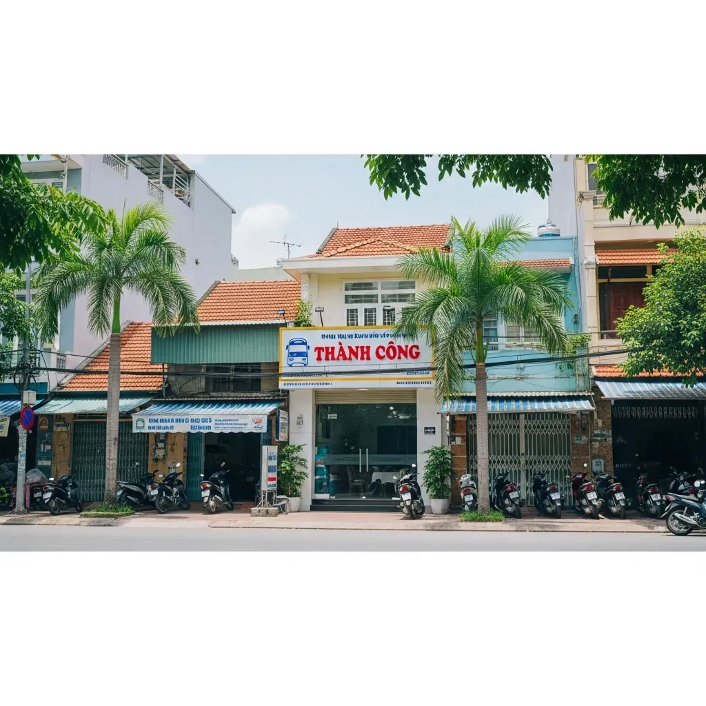 Ảnh chụp văn phòng chính Bến xe Thành Công Thủ Đức tại 834 Quốc lộ 13, khu vực Hiệp Bình Phước với bảng hiệu công ty và đường phố nhộn nhịp.
