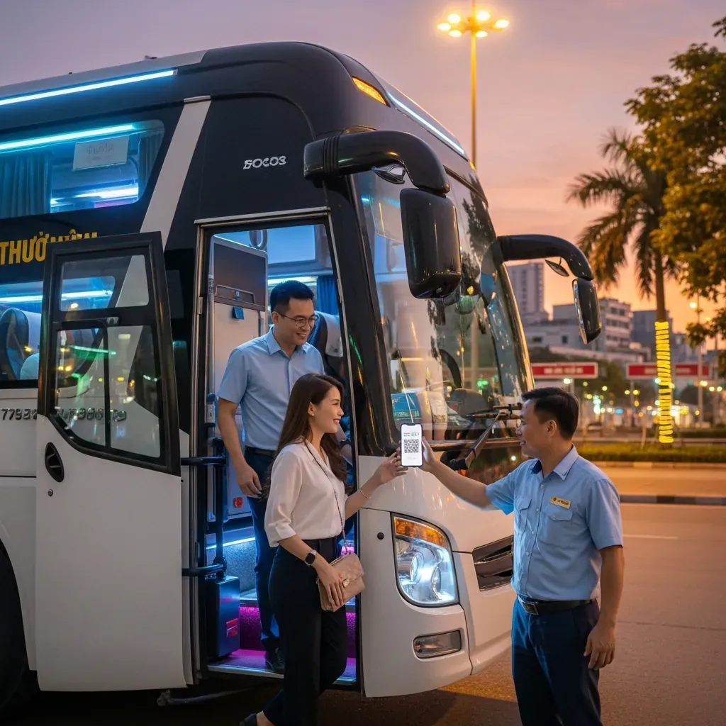 Cặp đôi người Việt lên xe giường nằm hiện đại vào lúc hoàng hôn, trình mã QR điện thoại cho tài xế.