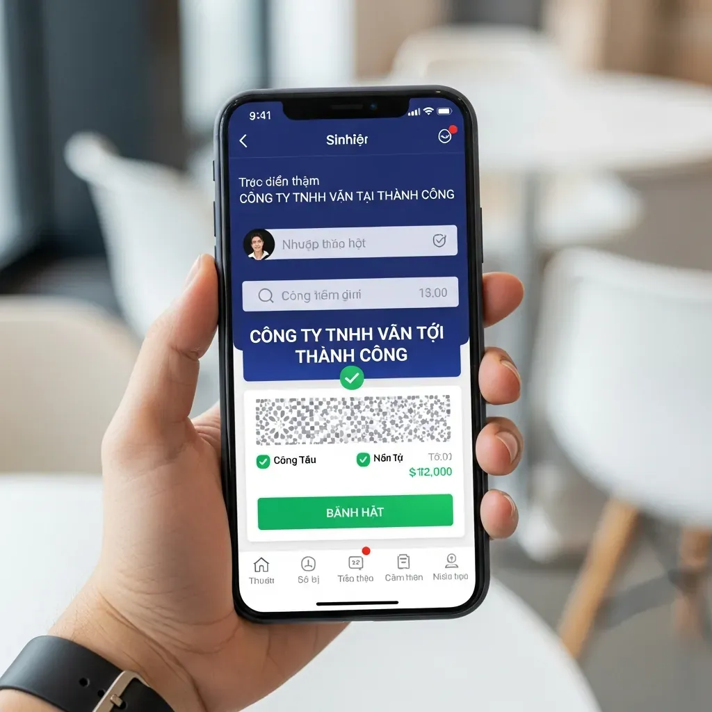 Điện thoại hiển thị màn hình chuyển khoản ngân hàng với tên người thụ hưởng là Công ty TNHH Vận Tải Thành Công.