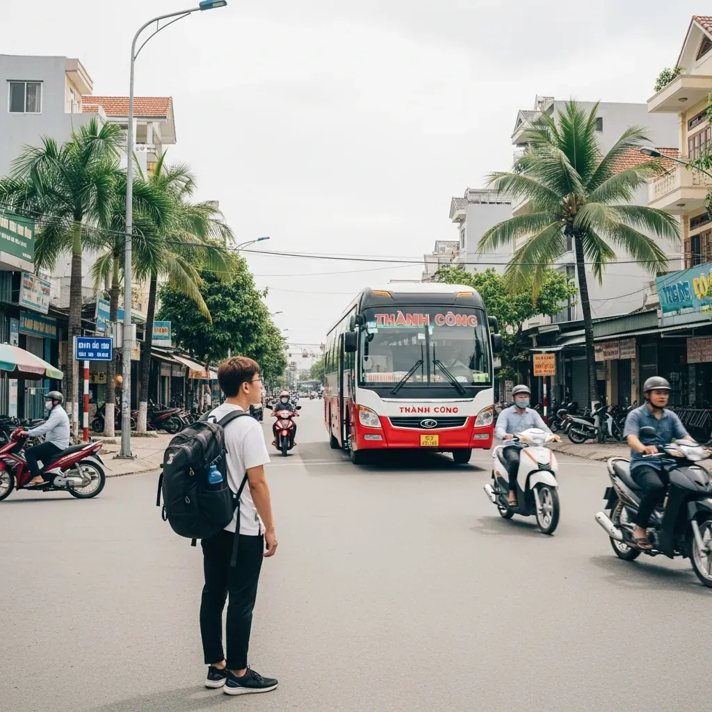 Du khách trẻ tuổi người Việt đứng ở góc phố Thủ Đức, nhìn theo chiếc xe khách vừa rời đi vì nhầm điểm đón.