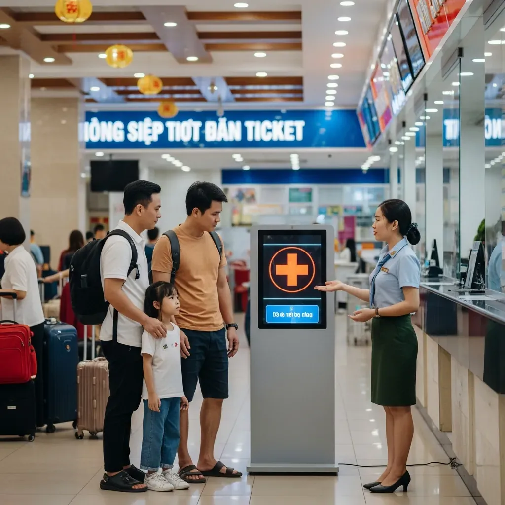 Gia đình người Việt đứng trước quầy vé dịp lễ với bảng điện tử báo hết chỗ, nhân viên đang giải thích.